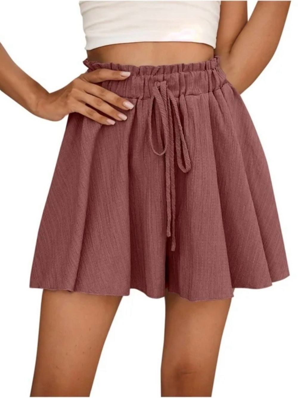 SHEIN Textured Ruffled Waist Shorts in Dusty Mauve